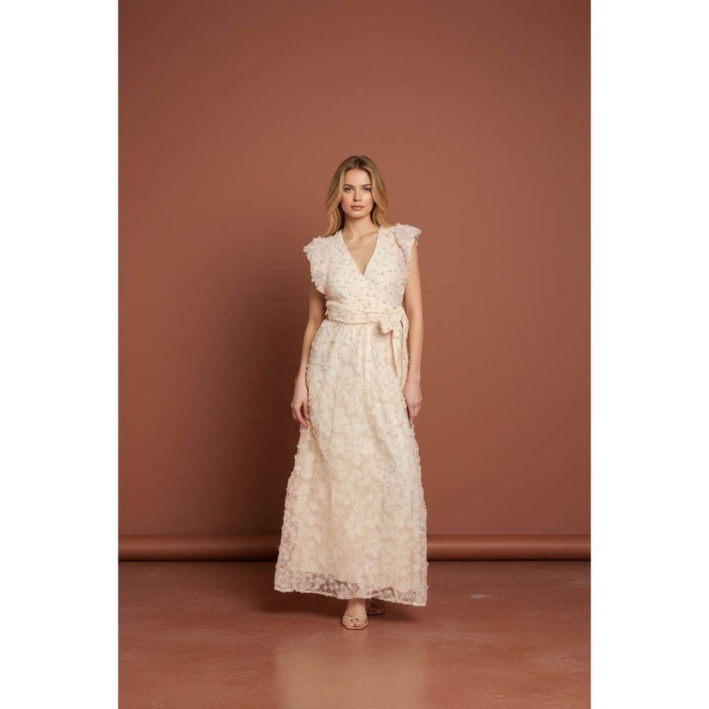 Flora Bea Porsha Dress Pink Floral Lace Maxi Wrap V Neck Cap Sleeve Small